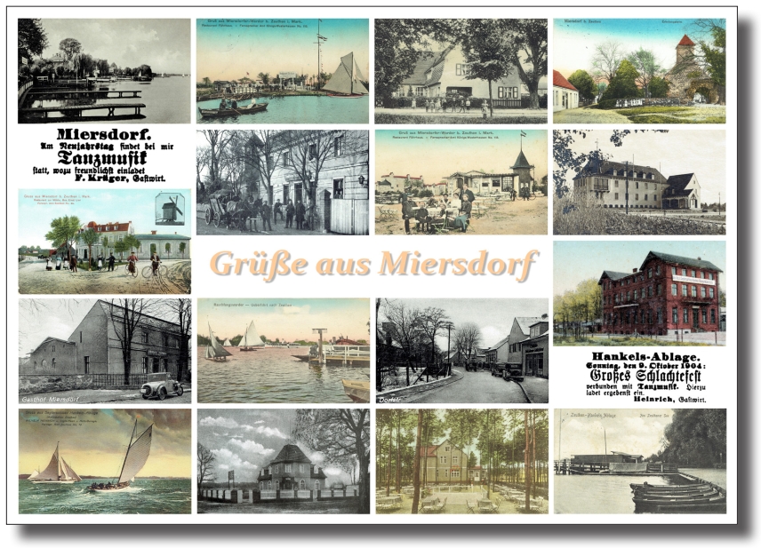 Ansichtskarte 'Grüße aus Miersdorf' mit colorierten Ansichten von Miersdorf (Motiv 3) Image